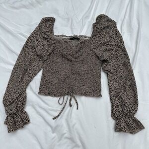 Brown‎ and black leopard cheetah print long sleeve top square neckline Sz large